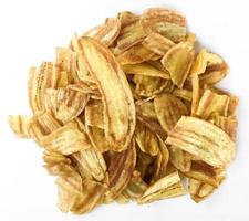 Asian caltivated banana or pisang awak banana cracker ro banana chips on white background, soft and selective focus. photo