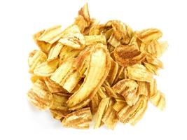 Asian caltivated banana or pisang awak banana cracker ro banana chips on white background, soft and selective focus. photo