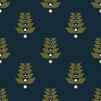 Vector ethnic dark green color flower shape Scandinavian style seamless pattern on navy blue background. Use for fabric, textile, interior decoration elements, upholstery, wrapping.