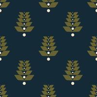 Vector ethnic dark green color flower shape Scandinavian style seamless pattern on navy blue background. Use for fabric, textile, interior decoration elements, upholstery, wrapping.