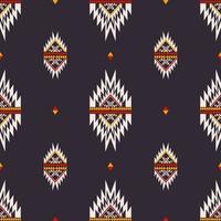 Native aztec small triangle shape seamless pattern background. Ethnic tribal red-yellow on dark blue color design. Use for fabric, textile, interior decoration elements, upholstery, wrapping. vector