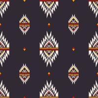 Fondo de patrón sin costuras en forma de triángulo pequeño azteca nativo. étnico tribal rojo-amarillo en diseño de color azul oscuro. uso para telas, textiles, elementos de decoración de interiores, tapicería, envoltura. vector