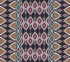 Ikat ethnic tribal colorful red-yellow rhombus square shape and vertical border seamless pattern on black background. Use for fabric, textile, interior decoration elements, upholstery. vector