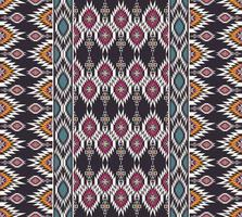 Ikat ethnic tribal colorful red-yellow rhombus square shape and vertical border seamless pattern on black background. Use for fabric, textile, interior decoration elements, upholstery. vector