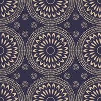 Oriental ethnic circle flower shape contemporary gold color seamless pattern on dark blue background. Use for fabric, textile, interior decoration elements, upholstery. vector