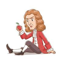 Cartoon character of Sir Isaac Newton looking at apple. vector