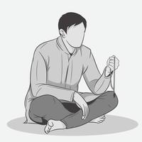 A Muslim holding a prayer beads and praying vector