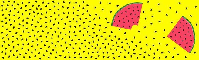 Pieces of watermelon with a scattering of seeds on a bright yellow background - Vector