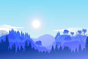 ilustración vectorial del hermoso paisaje montañoso azul oscuro con niebla y bosque. amanecer y atardecer en las montañas.