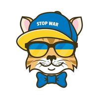 cartoon cat wearing glasses and hat with ukrainian flag color design vector