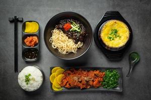 korean food.Jeyuk Bokkeum or fried pork in korean style sauce photo