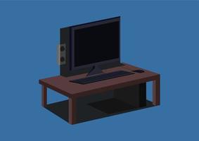 vector isométrico de un juego completo de pc 1 con mesa, monitor, enchufe y ratón de teclado