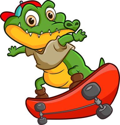 The cool crocodile playing skate board