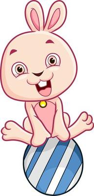 The happy rabbit is sitting on the easter egg