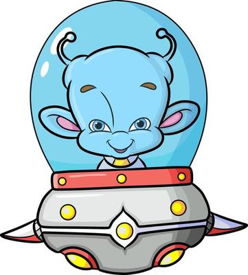 The cute alien is driving the advanced ufo in the space