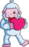 The sweet yeti is holding and hugging the big heart doll vector