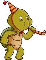 The turtle celebrating the birthday and blowing the trump vector