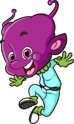 The crazy alien is jumping with the happy face
