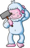 The silly yeti is holding the big stone hammer vector