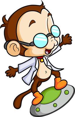 The professor monkey is standing on the moving ufo