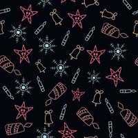 christmas seamless pattern of snowflakes, stars, candle, contour drawings on a black background, stylish festive packaging