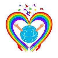 Rainbow's heart-shaped arms hug the globe. vector