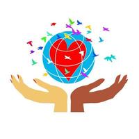 Women's hands hold the globe with a heart. vector