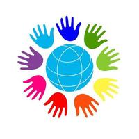 Conceptual symbol of multiracial human hands surrounding the Earth globe. vector