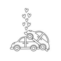 coches en el beso. accidentes y parejas. hombres y mujeres tienen un accidente y encuentran gráficos vectoriales de amor. vector