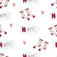 Seamless pattern with cute socks, hearts and lettering HOME. Vector illustration.