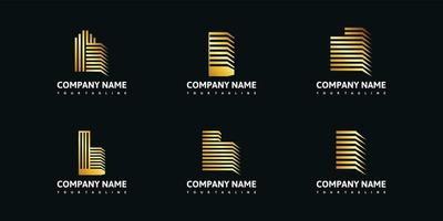 golden set minimalist building logo inspiration with concept line art. vector