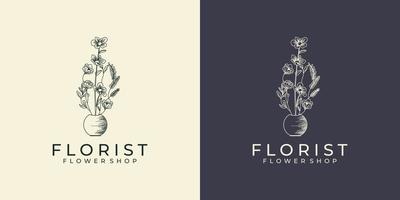 feminine hand draw flower logo design line art style vector