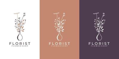 feminine hand draw flower logo design line art style vector