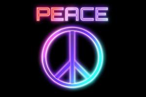 Rainbow Peace sign symbol neon on black background. photo