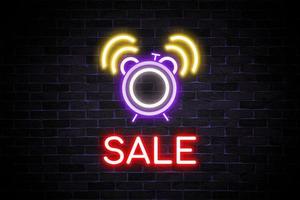 Sale with clock symbol neon banner, light signboard. photo