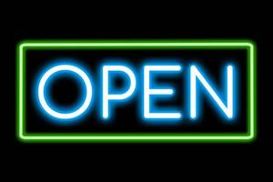 Open neon banner, light signboard. photo