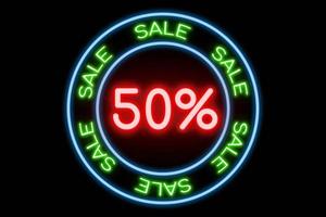 Sale 50 percent neon banner, light signboard. photo