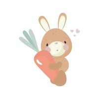 Cute Rabbit with carrot. Cartoon style. Vector illustration. For kids stuff, card, posters, banners, children books, printing on the pack, printing on clothes, fabric, wallpaper, textile or dishes.