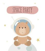 fiesta de cumpleaños, tarjeta de felicitación, invitación de fiesta. ilustración infantil con lindo oso en el espacio. ilustración vectorial en estilo de dibujos animados. vector
