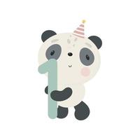 Birthday Party, Greeting Card, Party Invitation. Kids illustration with Cute Panda and and the number one. Vector illustration in cartoon style.