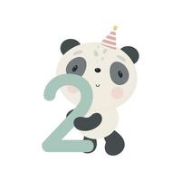 Birthday Party, Greeting Card, Party Invitation. Kids illustration with Cute Panda and and the number two. Vector illustration in cartoon style.