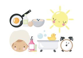 ambientado en el tema de la rutina matutina, que incluye despertador, leche, sol, huevos, baño, croissant, niña, cosméticos de cuidado. ilustración vectorial en estilo de dibujos animados. vector