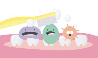 Poster about dental hygiene in cartoon style. The illustration shows funny teeth, microbes, toothbrush. Dental concept for children dentistry and orthodontics. Vector illustration.