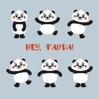 Cute panda bear character set on blue background in vector simple flat style. Panda standing, waving by paw, smiling, dancing, sitting, hugging.