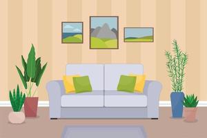 Modern and cozy interior of the living room with a sofa, indoor plants and posters. vector