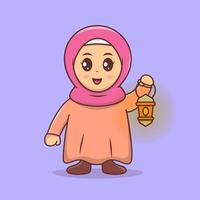 Cute Hijab Girl bring lantern celebrating ramadan mubarak, eid mubarak cartoon vector illustration
