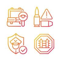 Checkpoint examination gradient linear vector icons set. Border security. Weapon illegal moving prevention. Country fences. Thin line contour symbols bundle. Isolated outline illustrations collection