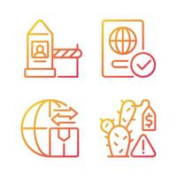 Borders control measures gradient linear vector icons set. Contraband prevention. Illegal trade prohibition. Thin line contour symbols bundle. Isolated outline illustrations collection