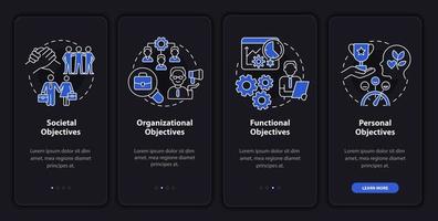 Objective of hr management night mode onboarding mobile app screen. Walkthrough 4 steps graphic instructions pages with linear concepts. UI, UX, GUI template. Myriad Pro-Bold, Regular fonts used vector