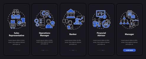 Business careers night mode onboarding mobile app screen. Walkthrough 5 steps graphic instructions pages with linear concepts. UI, UX, GUI template. Myriad Pro-Bold, Regular fonts used vector